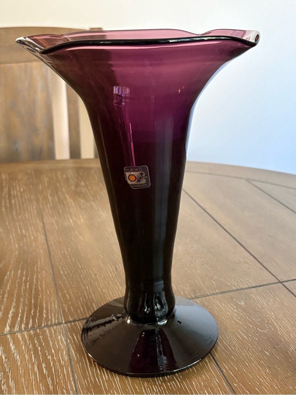 Hand Signed “Richard Blenko 99” BLENKO Amethyst Trumpet Vase w/Original Sticker